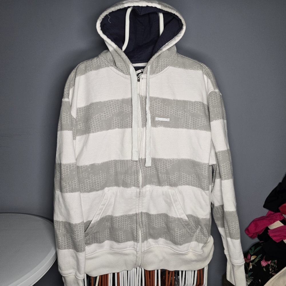 Vintage/Y2K Ecko UNLTD Striped Full Zipper Hoodie-Mens LARGE-Gray/White-Skater